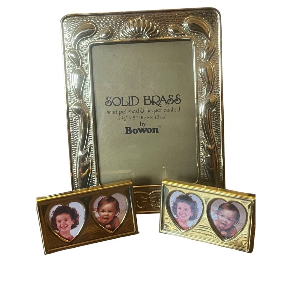 Vintage Bowon Solid Brass Photo Frame and 2 Brass Double Heart & Rectangle Desig